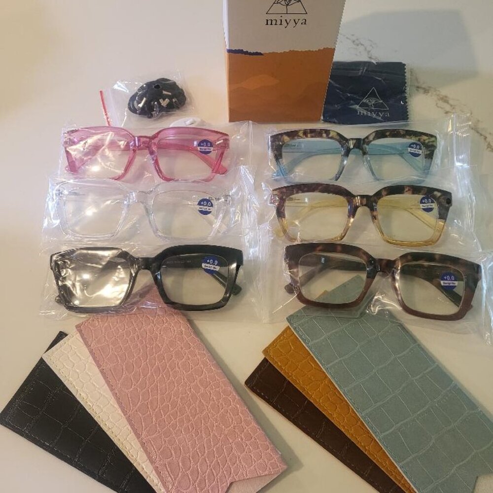 BRAND NEW 6 pr. Blue Light Blocking Glasses w/ Cases and Lens Cleaning Clothes